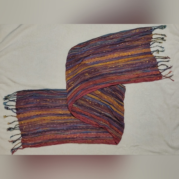 ANU Boho Metallic Striped 100% Cotton Fringe Scarf 72"x18" - Picture 4 of 8